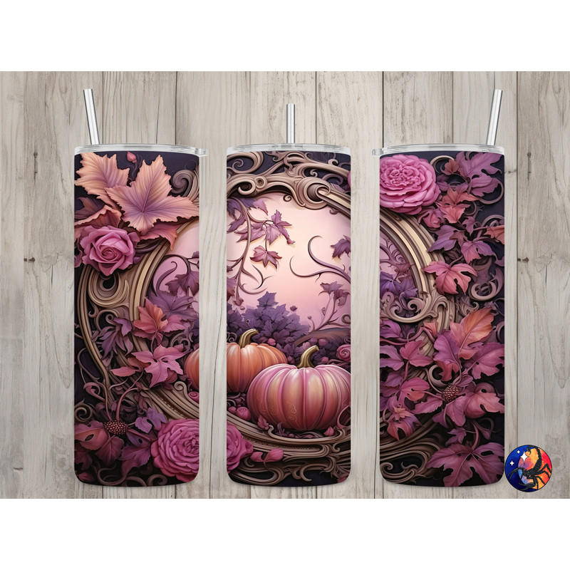 Seamless Pink & Orange Pumpkin Floral Design, Fall 20 oz Skinny Straight Tumbler Sublimation Design, Tumbler Wrap, PNG Digital Download.jpg