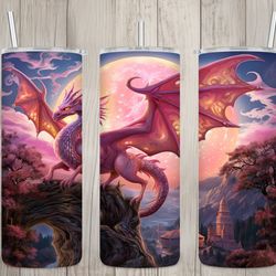 seamless pink dragon  moon landscape design, dragon 20 oz skinny straight tumbler sublimation design, tumbler wrap, png