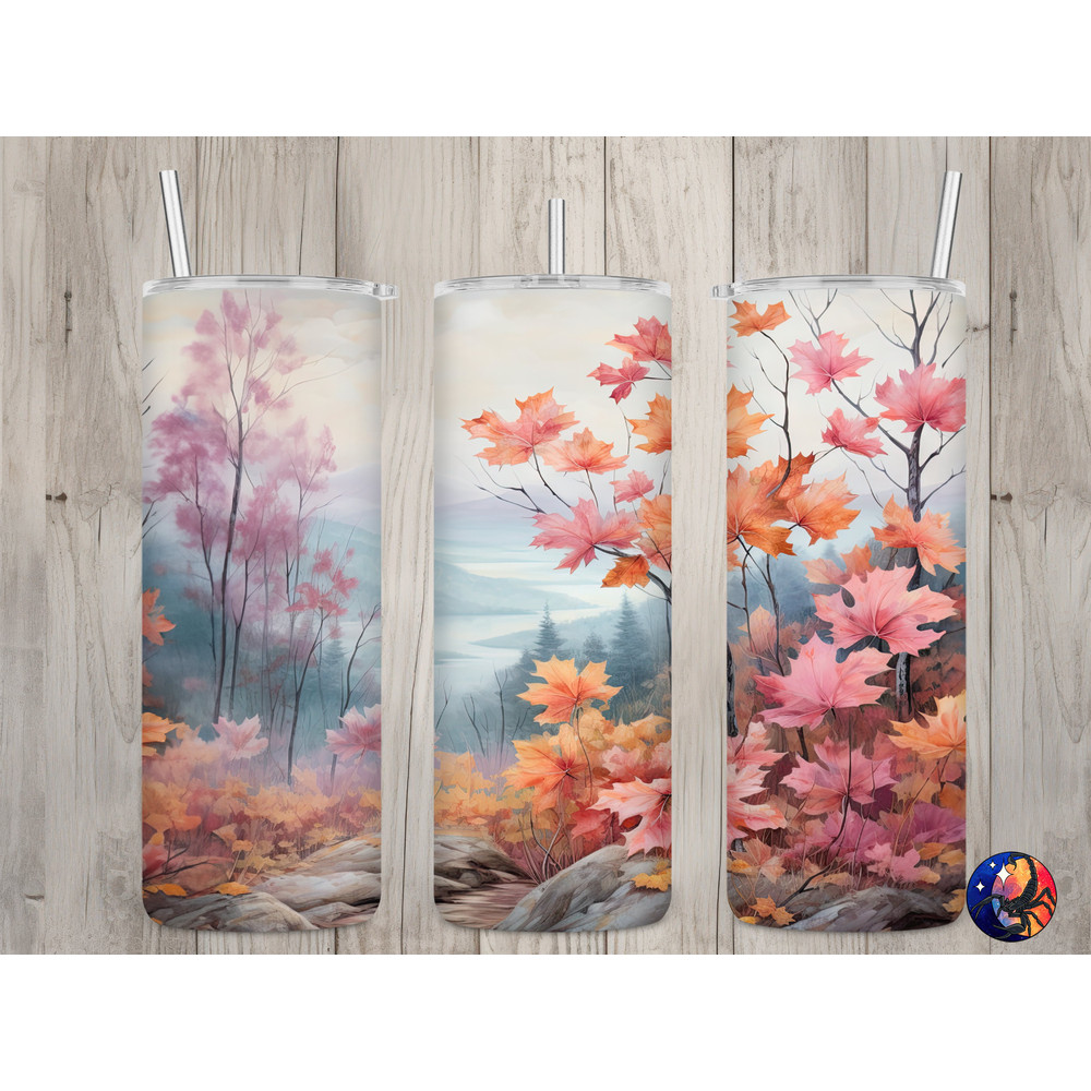 Seamless Pink Fall Leaves & Landscape Design, Fall 20 oz Skinny Straight Tumbler Sublimation Design, Tumbler Wrap, PNG Digital Download.jpg