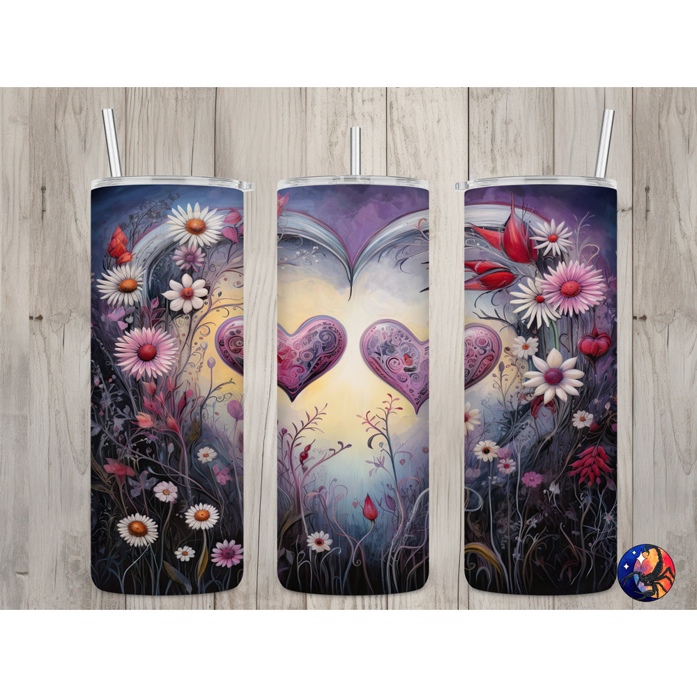 Seamless Pink Hearts & Daisies Design, Valentine's 20 oz Skinny Straight Tumbler Sublimation Design, Tumbler Wrap, PNG Digital Download.jpg