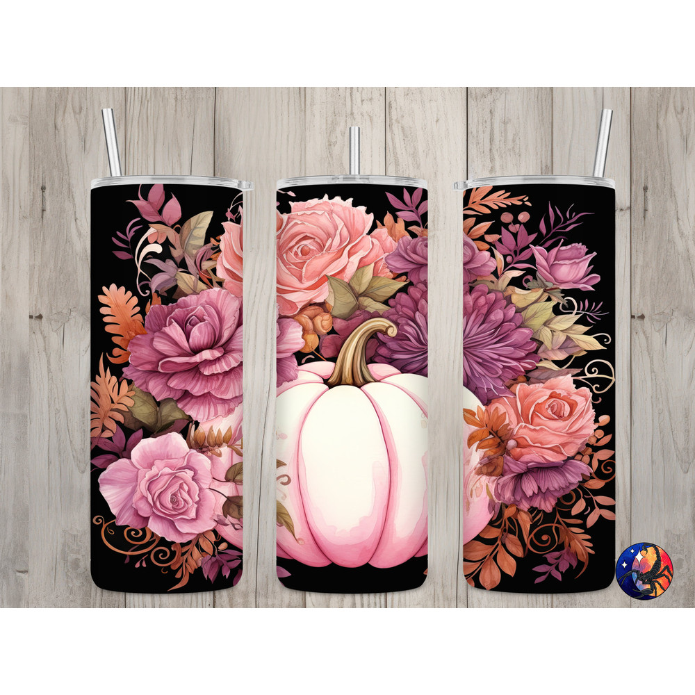 Seamless Pink Pumpkin & Mauve Floral Design, Fall 20 oz Skinny Straight Tumbler Sublimation Design, Tumbler Wrap, PNG File, Digital Download.jpg