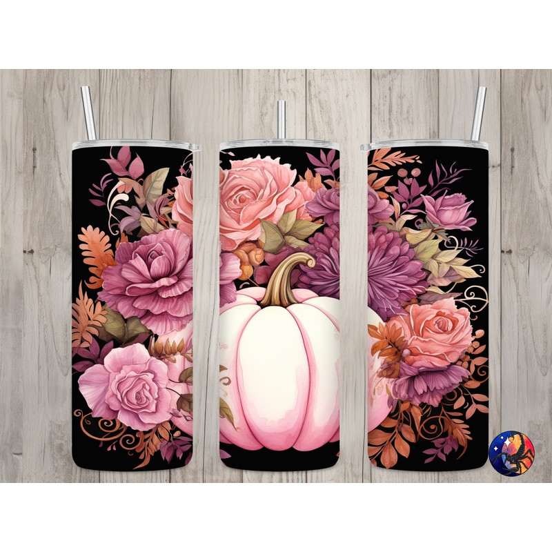 Seamless Pink Pumpkin & Mauve Floral Design, Fall 20 oz Skinny Straight Tumbler Sublimation Design, Tumbler Wrap, PNG File, Digital Download.jpg