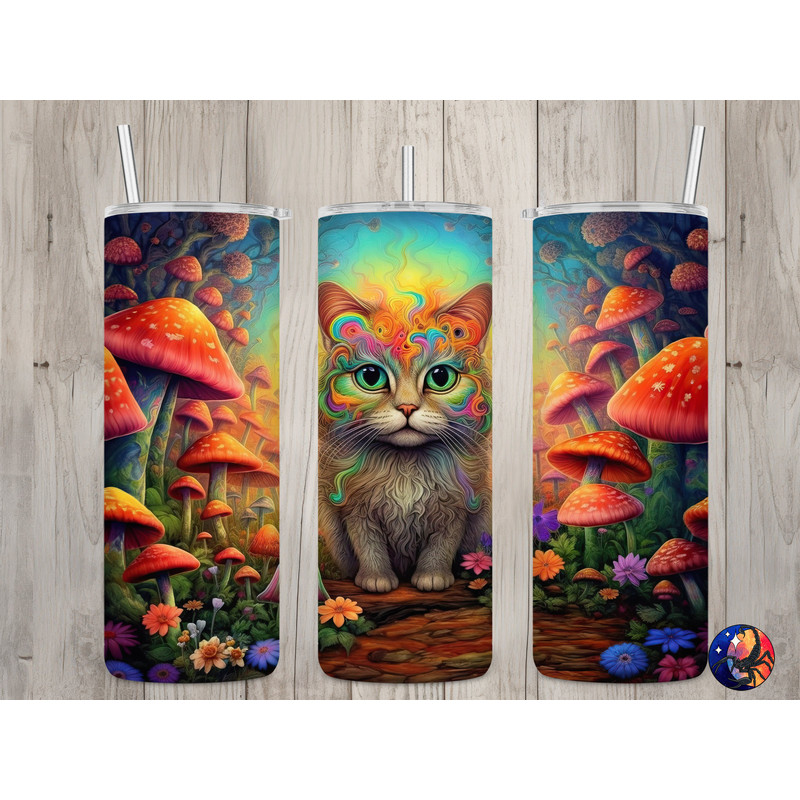 Seamless Psychedelic Cat & Mushroom Design, Cat 20 oz Skinny Straight Tumbler Sublimation Design, Tumbler Wrap, PNG File, Digital Download.jpg