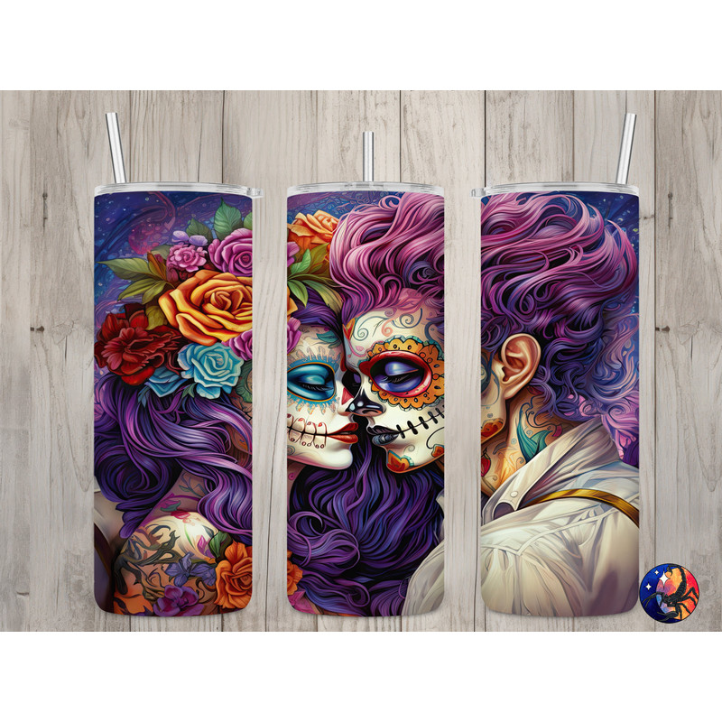 Seamless Purple Day of the Dead Lovers Design, Halloween 20oz Skinny Straight Tumbler Sublimation Design, Tumbler Wrap, PNG Digital Download.jpg