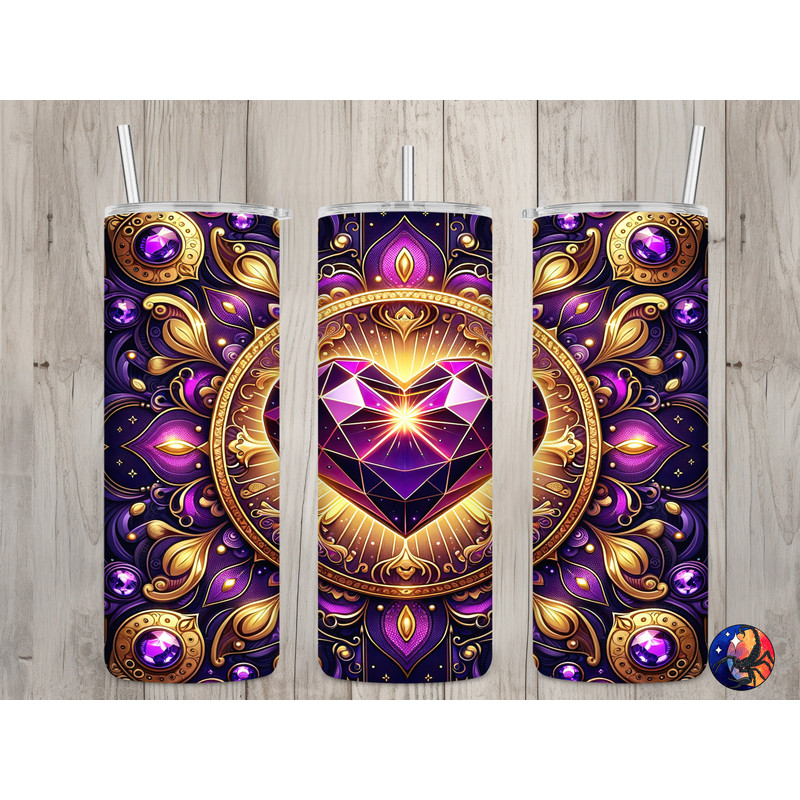 Seamless Purple Gem Heart & Gold Design, Valentine's 20 oz Skinny Straight Tumbler Sublimation Design, Tumbler Wrap, PNG Digital Download.jpg