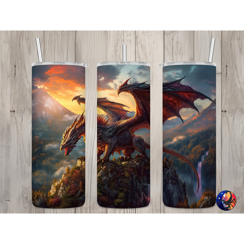 Seamless Red Dragon & Mountain Landscape Design, Dragon 20 oz Skinny Straight Tumbler Sublimation Design, Tumbler Wrap, PNG Digital Download.jpg