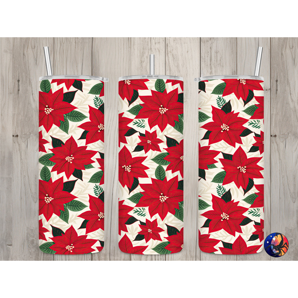 Seamless Red Poinsettia Floral Pattern, Christmas 20 oz Skinny Straight Tumbler Sublimation Design, Tumbler Wrap, PNG File, Digital Download.jpg