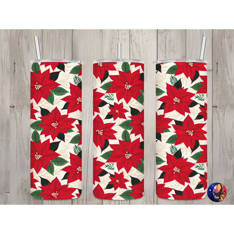 Seamless Red Poinsettia Floral Pattern, Christmas 20 oz Skinny Straight Tumbler Sublimation Design, Tumbler Wrap, PNG File, Digital Download.jpg