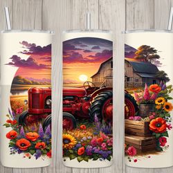 seamless red tractor  country farm design, spring 20 oz skinny straight tumbler sublimation design, tumbler wrap, png di