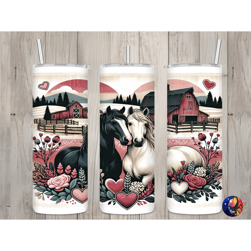 Seamless Retro Country Horses & Barn Design, Valentine's 20oz Skinny Straight Tumbler Sublimation Design, Tumbler Wrap, PNG Digital Download 1.jpg