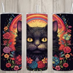 seamless retro rainbow black cat floral design, cat 20 oz skinny straight tumbler sublimation design, tumbler wrap, png