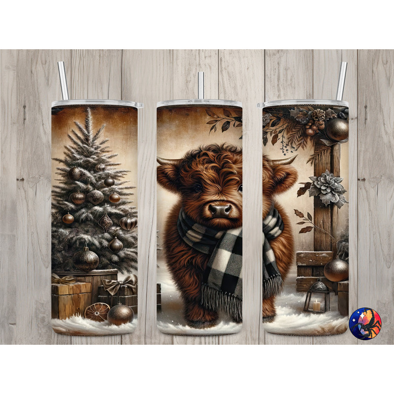 Seamless Rustic Baby Highland Cow Design, Christmas 20 oz Skinny Straight Tumbler Sublimation Design, Tumbler Wrap, PNG Digital Download.jpg