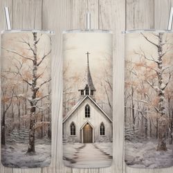 seamless rustic church  winter landscape design, winter 20oz skinny straight tumbler sublimation design, tumbler wrap, p