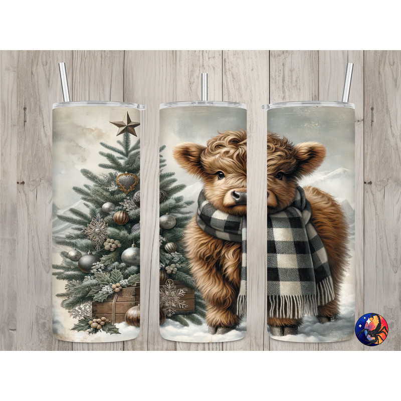 Seamless Rustic Cute Baby Highland Cow Design, Christmas 20oz Skinny Straight Tumbler Sublimation Design, Tumbler Wrap, PNG Digital Download.jpg