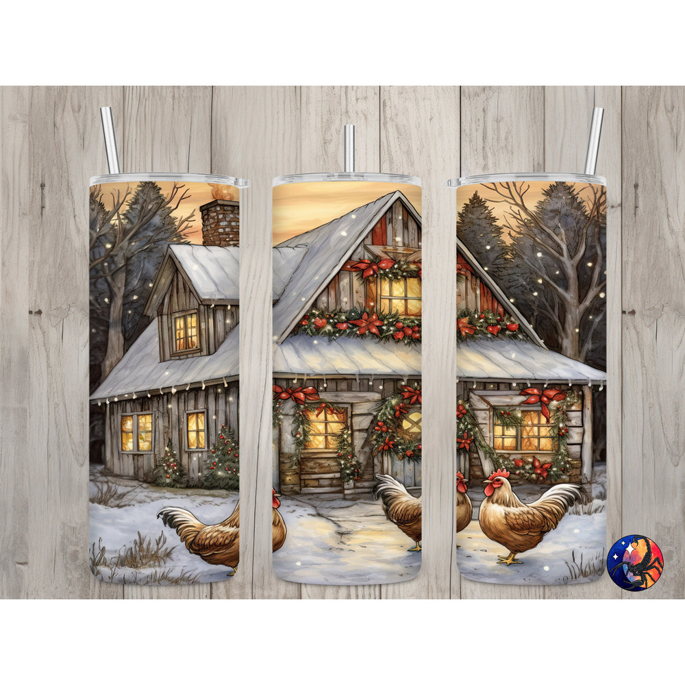 Seamless Rustic Farmhouse & Chickens Design, Christmas 20 oz Skinny Straight Tumbler Sublimation Design, Tumbler Wrap, PNG Digital Download.jpg