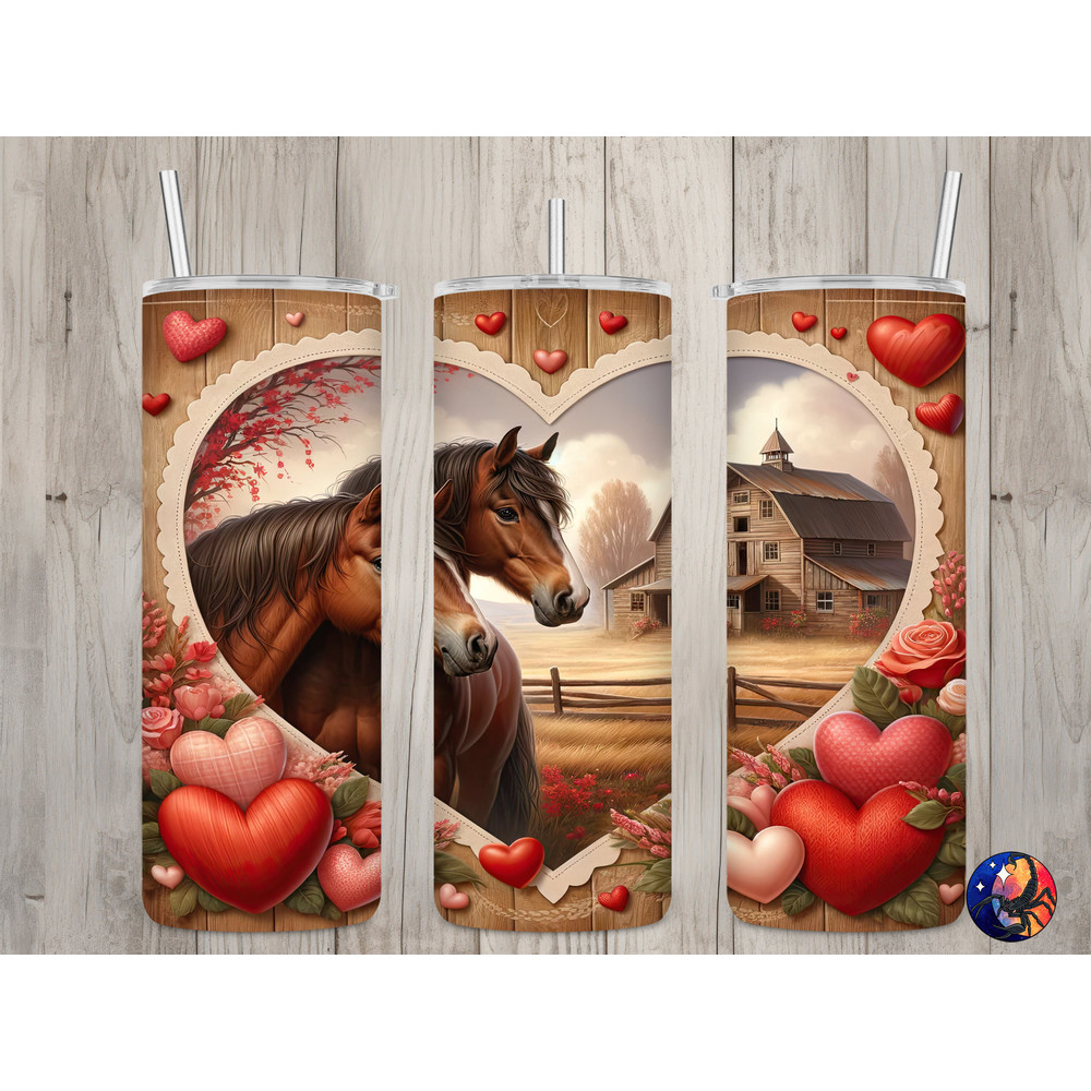 Seamless Rustic Horses & Red Hearts Design, Valentine's 20 oz Skinny Straight Tumbler Sublimation Design, Tumbler Wrap, PNG Digital Download.jpg