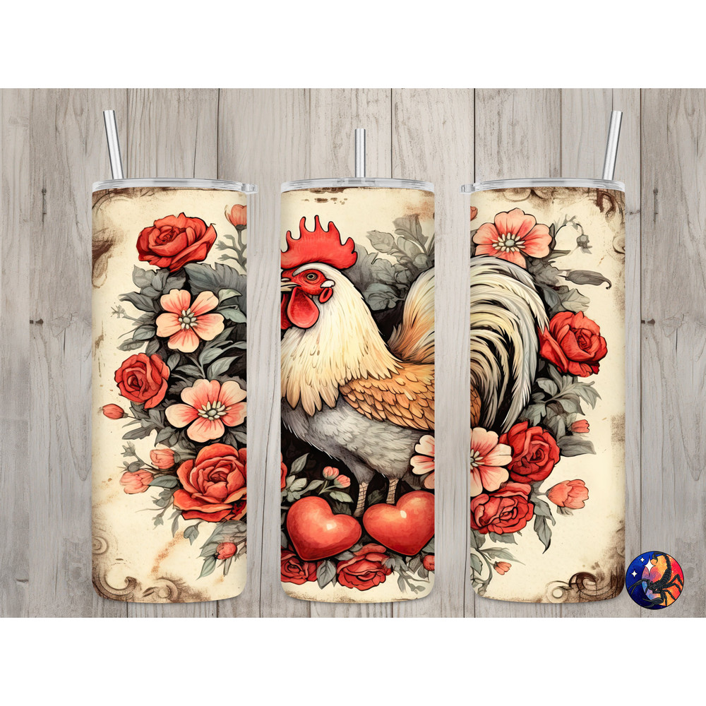 Seamless Rustic Rooster & Hearts Design, Valentine's 20 oz Skinny Straight Tumbler Sublimation Design, Tumbler Wrap, PNG Digital Download.jpg