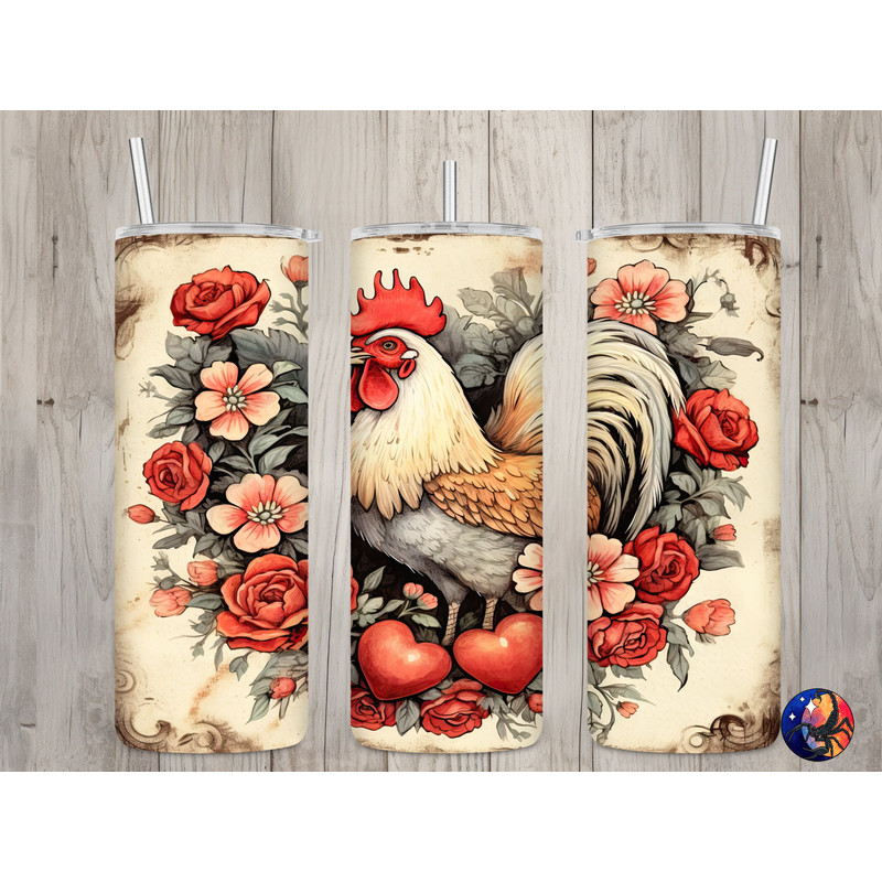 Seamless Rustic Rooster & Hearts Design, Valentine's 20 oz Skinny Straight Tumbler Sublimation Design, Tumbler Wrap, PNG Digital Download.jpg