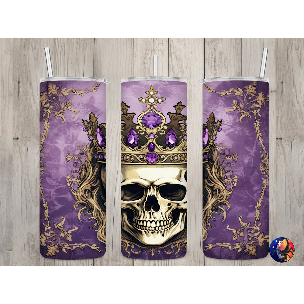 Seamless Skull & Purple Amethyst Crown Design, Skull 20oz Skinny Straight Tumbler Sublimation Design, Tumbler Wrap, PNG Digital Download.jpg