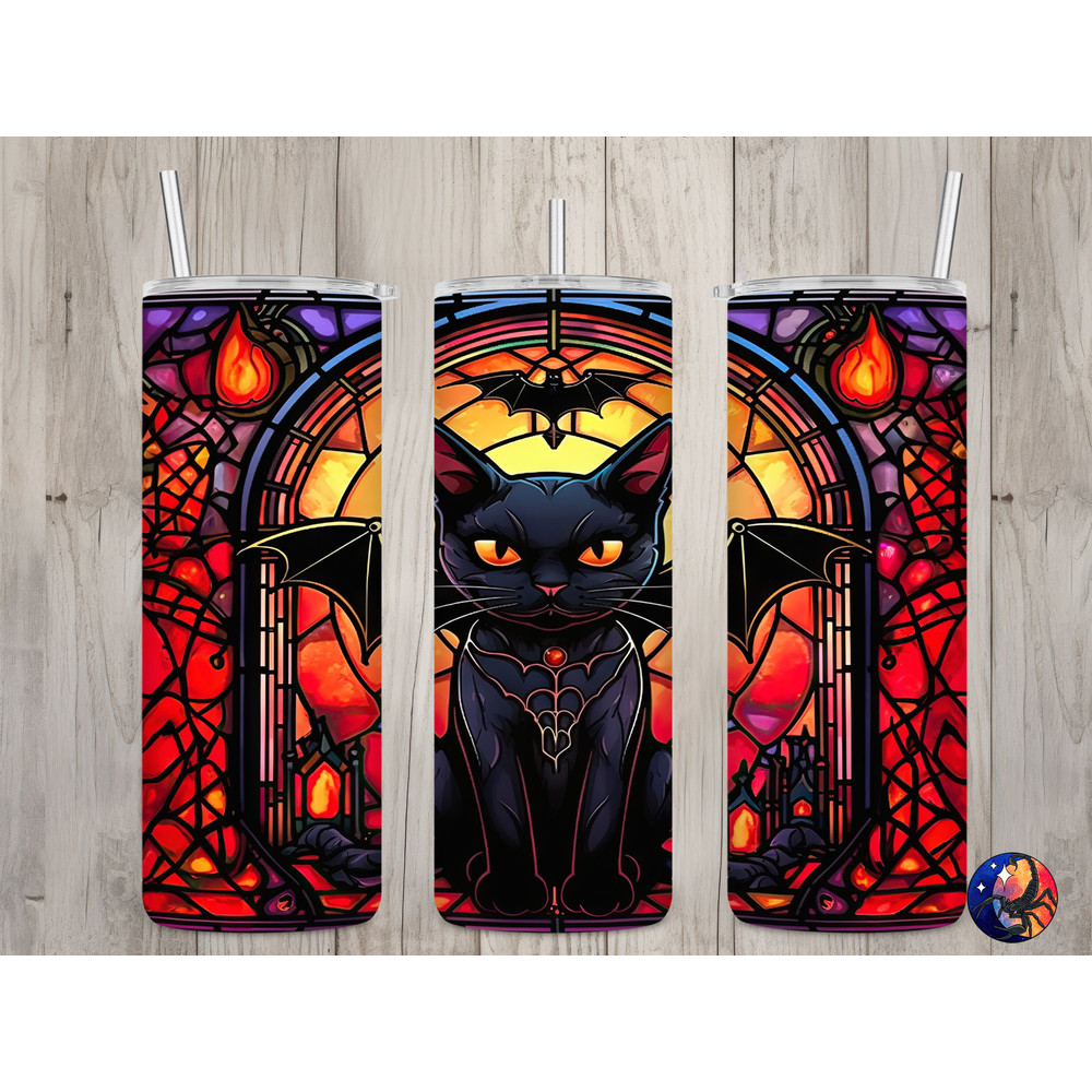 Seamless Stained Glass Black Cat Bat Design, Halloween 20 oz Skinny Straight Tumbler Sublimation Design, Tumbler Wrap, PNG Digital Download.jpg