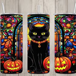seamless stained glass black cat design, halloween 20oz skinny straight tumbler sublimation design, tumbler wrap, png fi