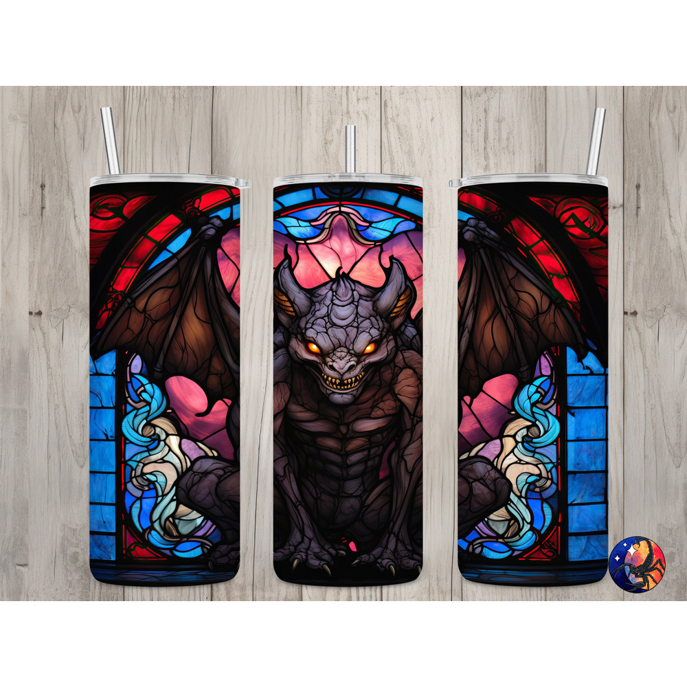 Seamless Stained Glass Gargoyle Design, Halloween 20 oz Skinny Straight Tumbler Sublimation Design, Tumbler Wrap, PNG File, Digital Download.jpg