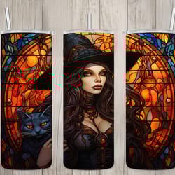 seamless stained glass witch cat design, halloween 20 oz skinny straight tumbler sublimation design, tumbler wrap, png