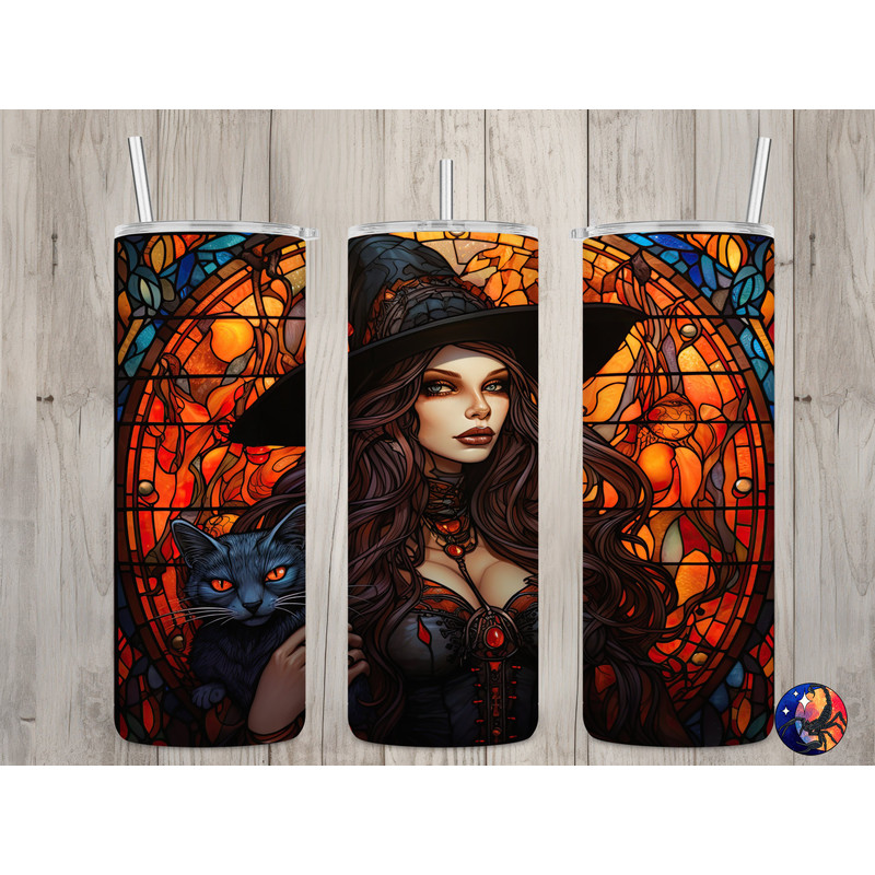 Seamless Stained Glass Witch & Cat Design, Halloween 20 oz Skinny Straight Tumbler Sublimation Design, Tumbler Wrap, PNG Digital Download.jpg