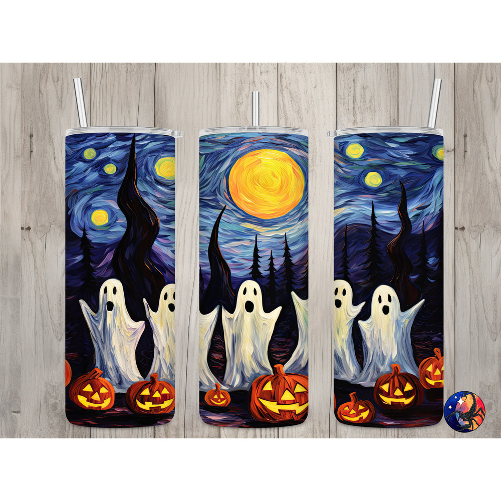 Seamless Starry Night Cute Ghosts Design, Halloween 20 oz Skinny Straight Tumbler Sublimation Design, Tumbler Wrap, PNG Digital Download.jpg