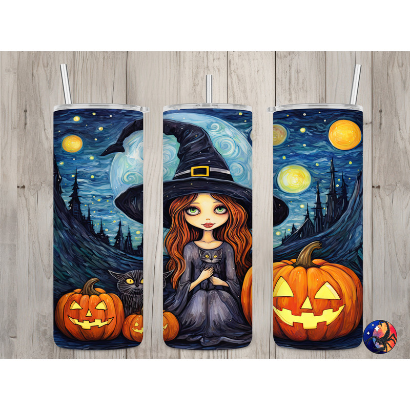 Seamless Starry Night Witch & Cats Design, Halloween 20 oz Skinny Straight Tumbler Sublimation Design, Tumbler Wrap, PNG Digital Download.jpg