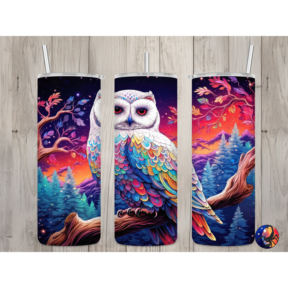 Seamless Sunset Rainbow White Snowy Owl Design, Owl 20 oz Skinny Straight Tumbler Sublimation Design, Tumbler Wrap, PNG Digital Download.jpg