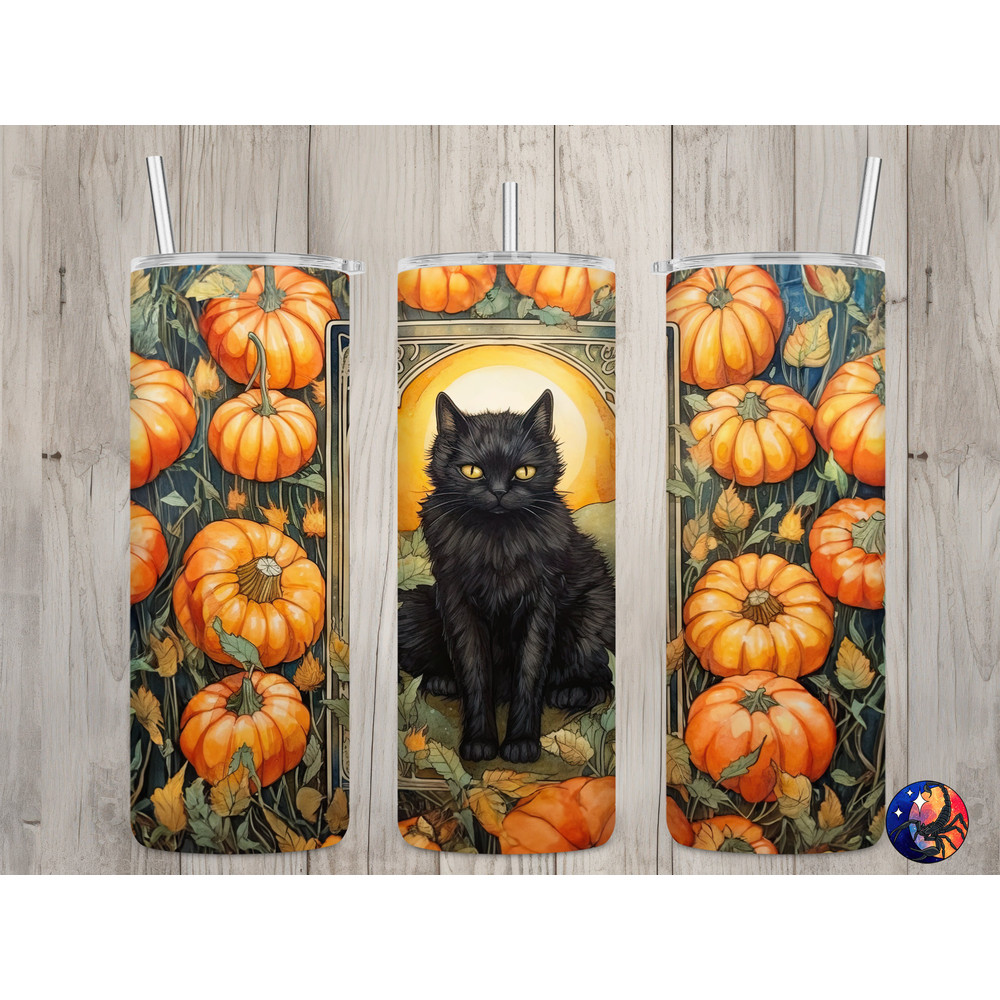 Seamless Tarot Card Black Cat & Pumpkins Design, Fall 20 oz Skinny Straight Tumbler Sublimation Design, Tumbler Wrap, PNG Digital Download.jpg