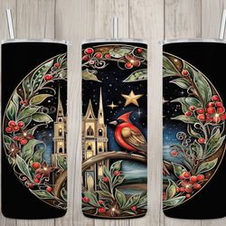 seamless vintage cardinal ornament design, christmas 20 oz skinny straight tumbler sublimation design, tumbler wrap, png