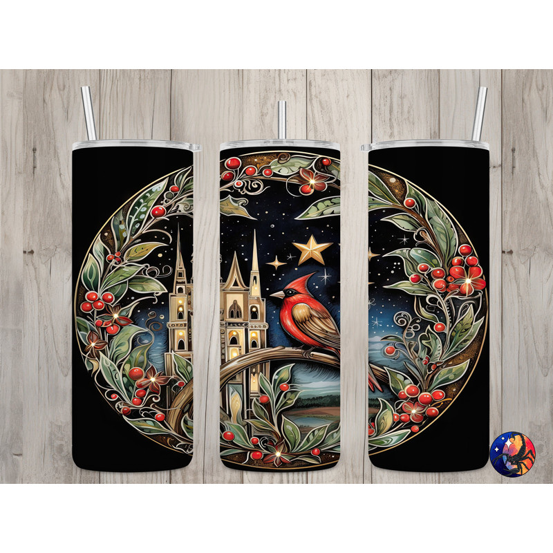 Seamless Vintage Cardinal Ornament Design, Christmas 20 oz Skinny Straight Tumbler Sublimation Design, Tumbler Wrap, PNG Digital Download.jpg
