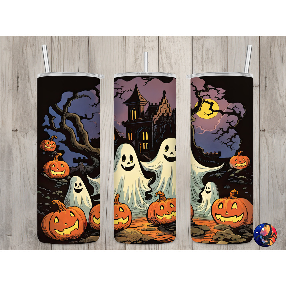 Seamless Vintage Cute Ghost Family Design, Halloween 20 oz Skinny Straight Tumbler Sublimation Design, Tumbler Wrap, PNG Digital Download.jpg