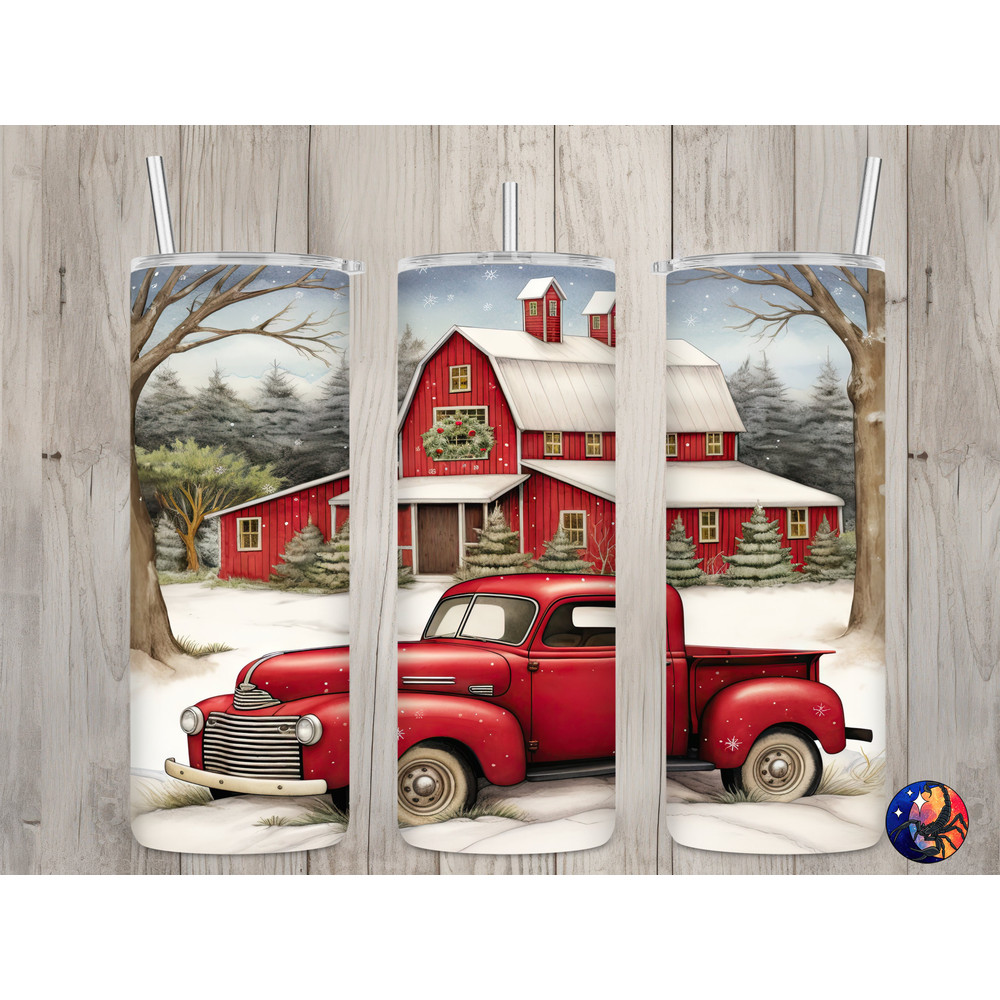 Seamless Vintage Red Truck & Barn Design, Christmas 20 oz Skinny Straight Tumbler Sublimation Design, Tumbler Wrap, PNG Digital Download.jpg