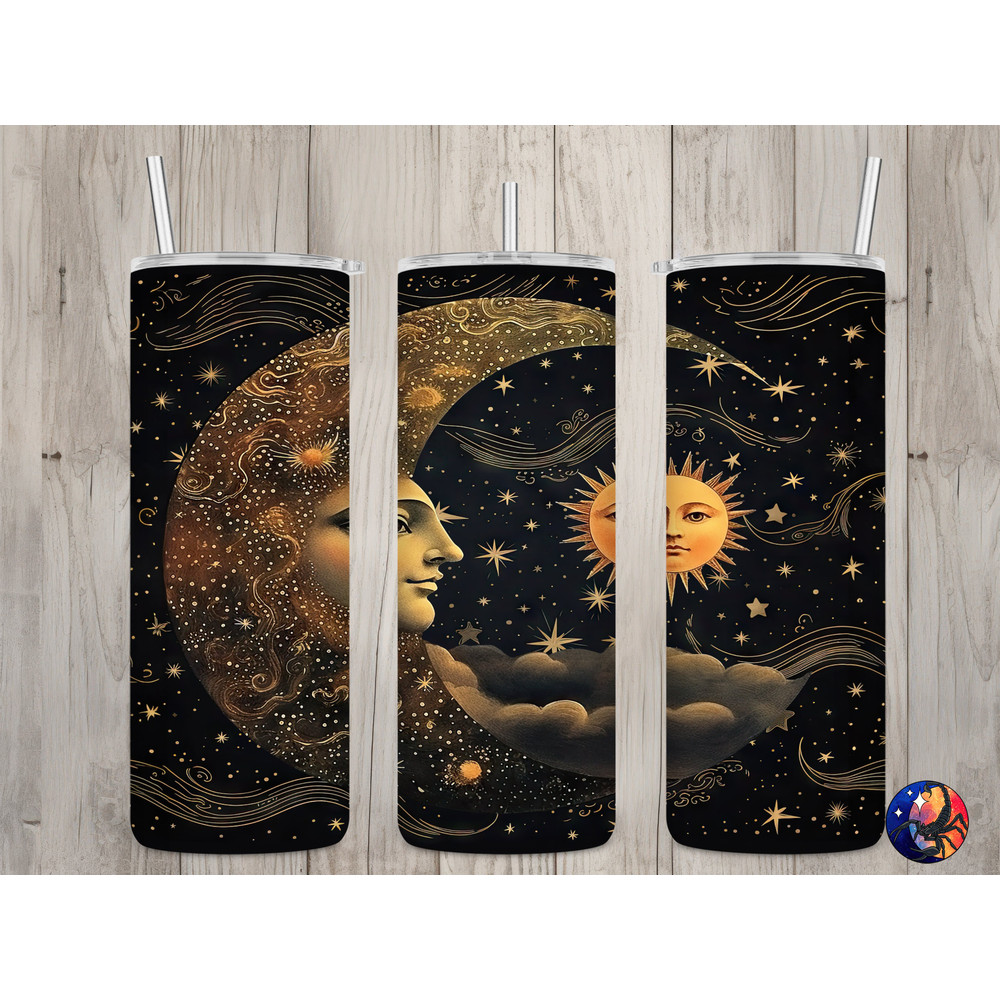 Seamless Vintage Sun & Crescent Moon Design, Celestial 20 oz Skinny Straight Tumbler Sublimation Design, Tumbler Wrap, PNG Digital Download.jpg