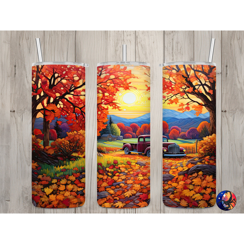 Seamless Vintage Truck & Fall Countryside Design, Fall 20 oz Skinny Straight Tumbler Sublimation Design, Tumbler Wrap, PNG Digital Download.jpg