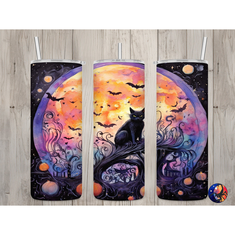 Seamless Watercolor Black Cat & Bat Design, Halloween 20 oz Skinny Straight Tumbler Sublimation Design, Tumbler Wrap, PNG Digital Download.jpg