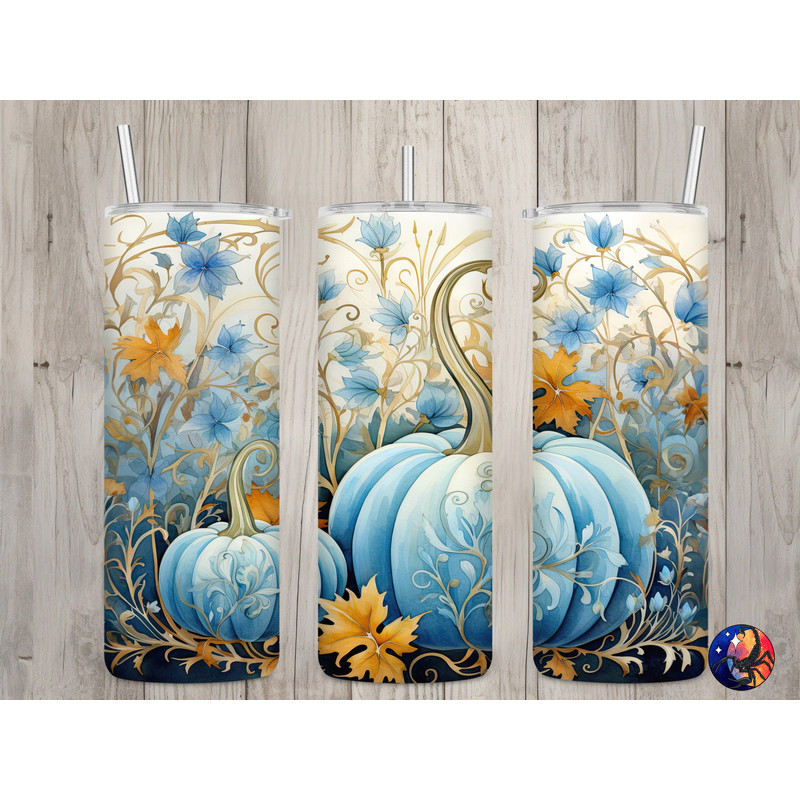 Seamless Watercolor Blue Pumpkins & Floral Design, Fall 20 oz Skinny Straight Tumbler Sublimation Design, Tumbler Wrap, PNG Digital Download.jpg
