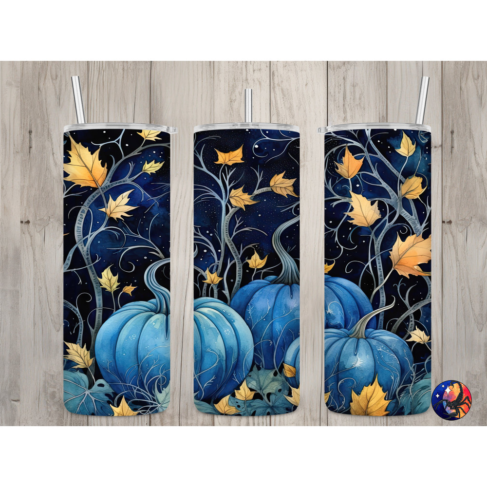 Seamless Watercolor Blue Pumpkins & Leaves Design, Fall 20 oz Skinny Straight Tumbler Sublimation Design, Tumbler Wrap, PNG Digital Download.jpg