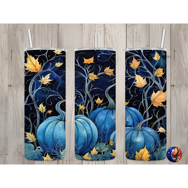 Seamless Watercolor Blue Pumpkins & Leaves Design, Fall 20 oz Skinny Straight Tumbler Sublimation Design, Tumbler Wrap, PNG Digital Download.jpg