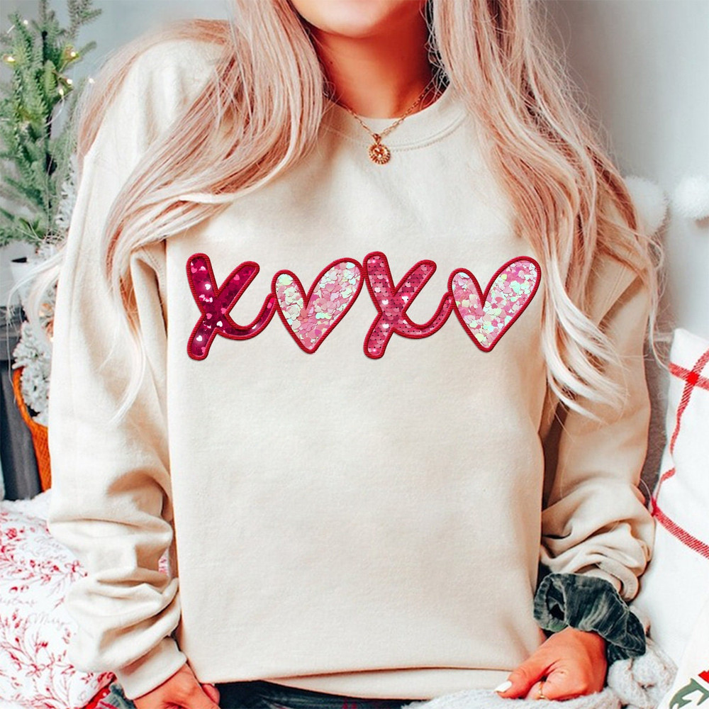 Faux Embroidery Pink XoXo Png, Valentine's Day Sublimation Png, Lover Png, Sequins Glitter Sublimation Design Cupid PNG Retro Valentine Png.jpg