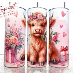 highland cow valentines day 20 oz skinny tumbler sublimation design, highland cow tumbler wrap, valentine tumbler wrap,