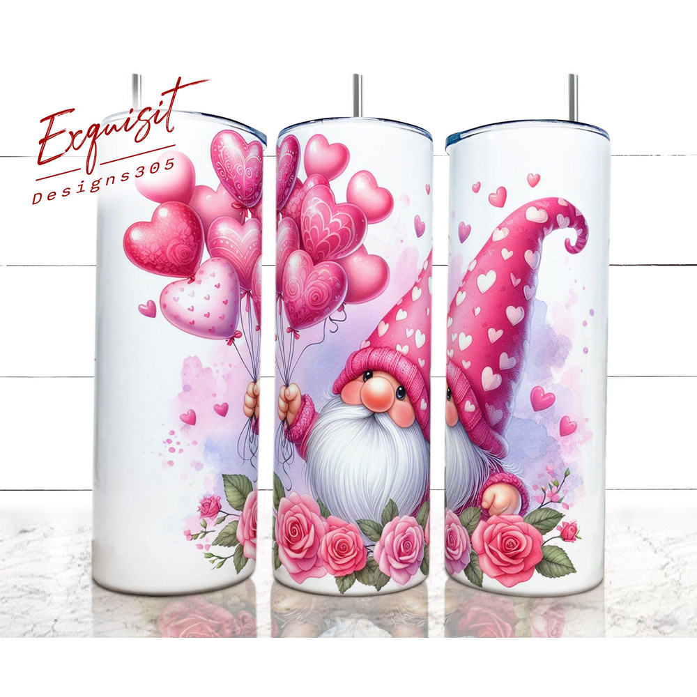 Pink Gnome Valentine Tumbler Wrap, 20oz valentine skinny tumbler, Watercolor Design, Gnome Tumbler, Valentine Wrap PNG, Sublimation Design 1.jpg