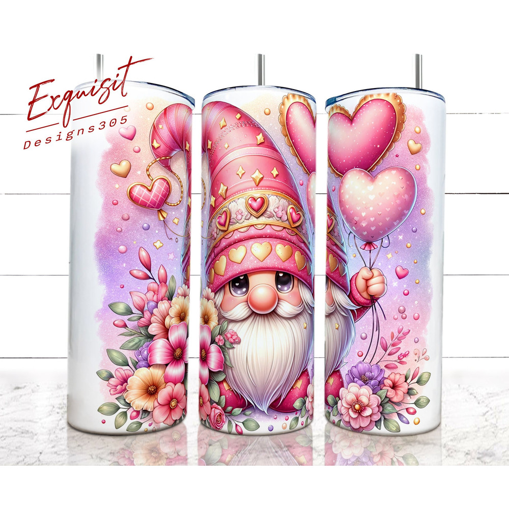 Pink Gnome Valentine Tumbler Wrap, 20oz valentine skinny tumbler, Watercolor Design, Gnome Tumbler, Valentine Wrap PNG, Sublimation Design.jpg