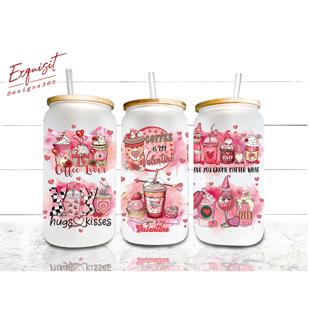 Valentine's Day Glass Can Wrap, Valentine Sublimation Desig, Coffee Is My Valentine, Valentine Watercolor 16 oz Libbey Glass Can Wrap Design.jpg