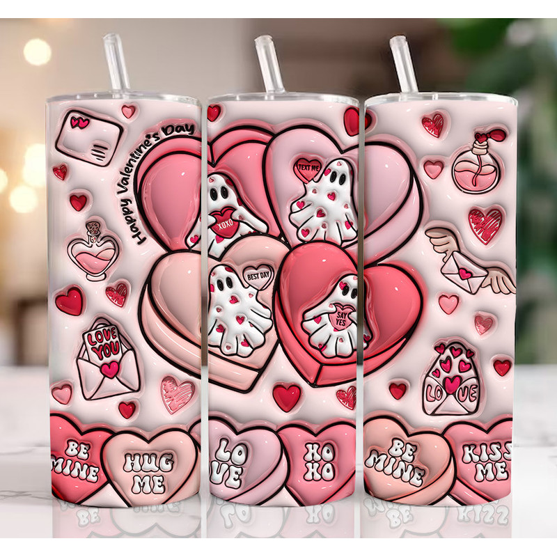 3D Ghost Valentine Conversation Hearts Inflated Tumbler Wrap, Ghost Spooky Puffy Valentine's Day,XOXO Valentine, Be My Boo Puffy Tumbler 1.jpg