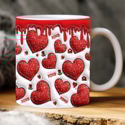 3d love hearts valentine inflated mug wrap, glitter valentines day puffy mug design,valentines day heart 11oz 15oz mug s