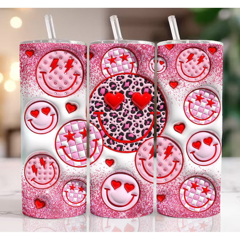 3D Retro Smiley Face Valentine Inflated Tumbler Wrap, Leopard Valentine's Day Puffy Tumbler Sublimation,Valentines Day Heart Tumbler PNG.jpg